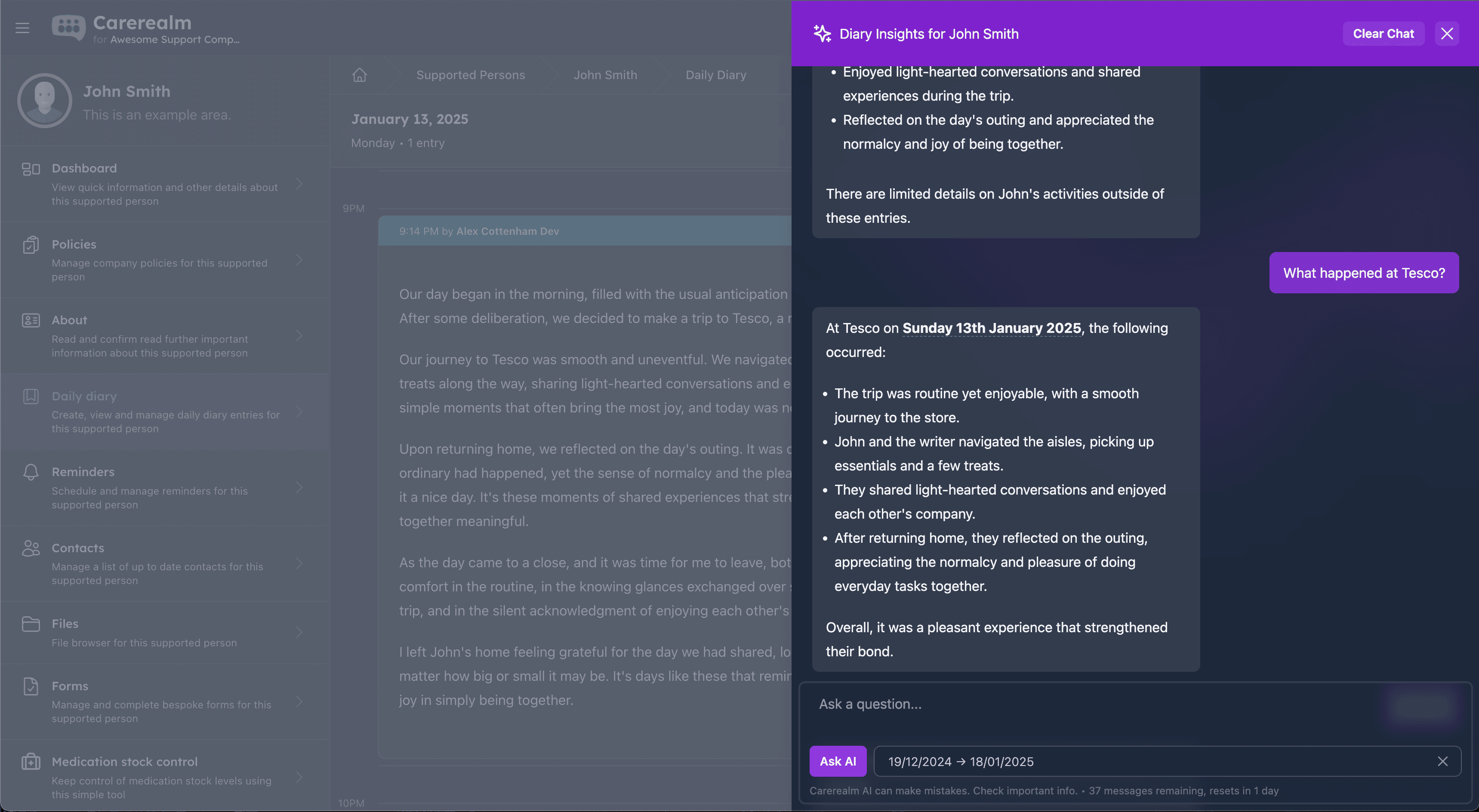AI diary chat showing an answered query
