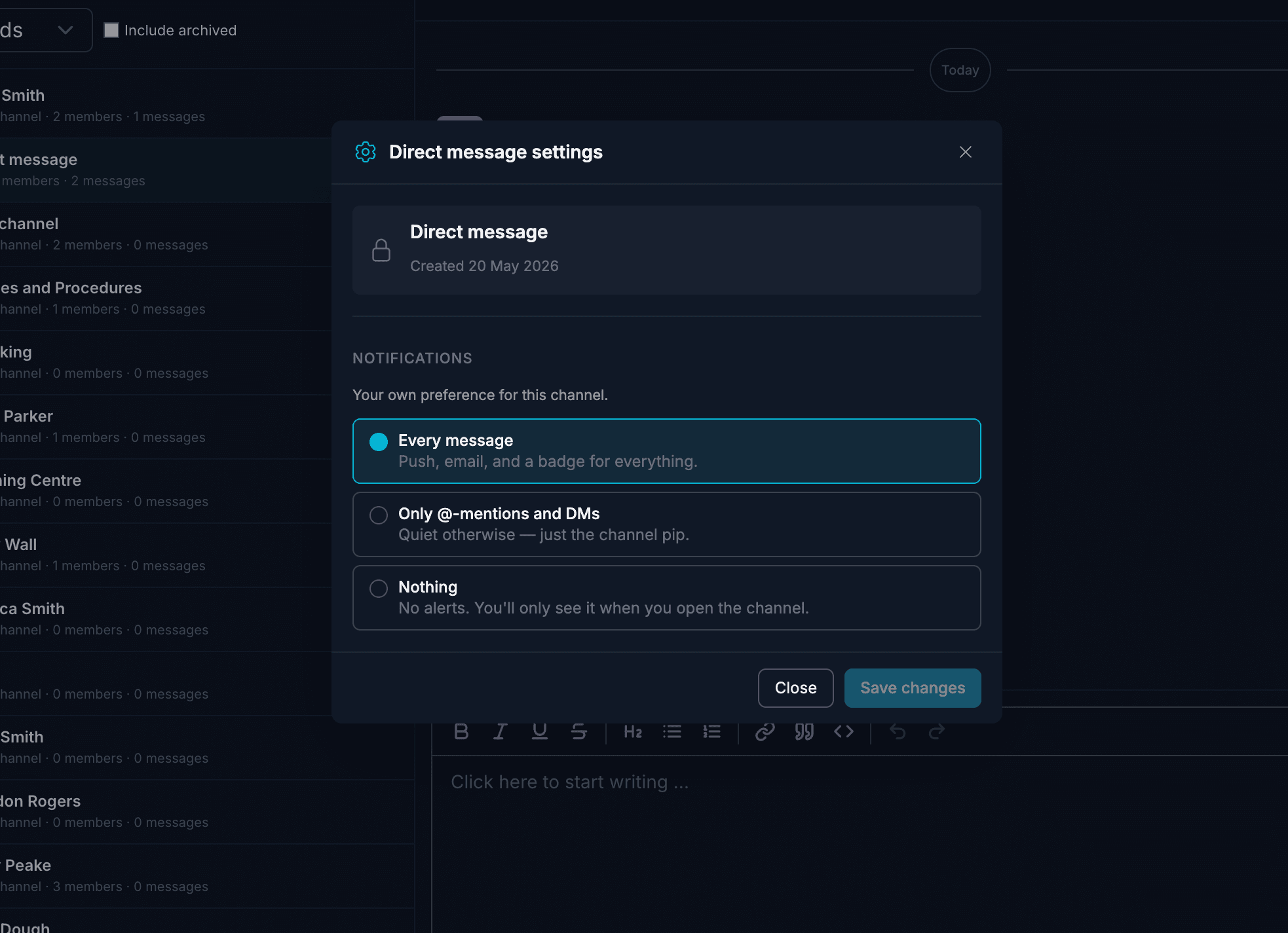 Composer with rich-text formatting, an @-mention, and an attached PDF