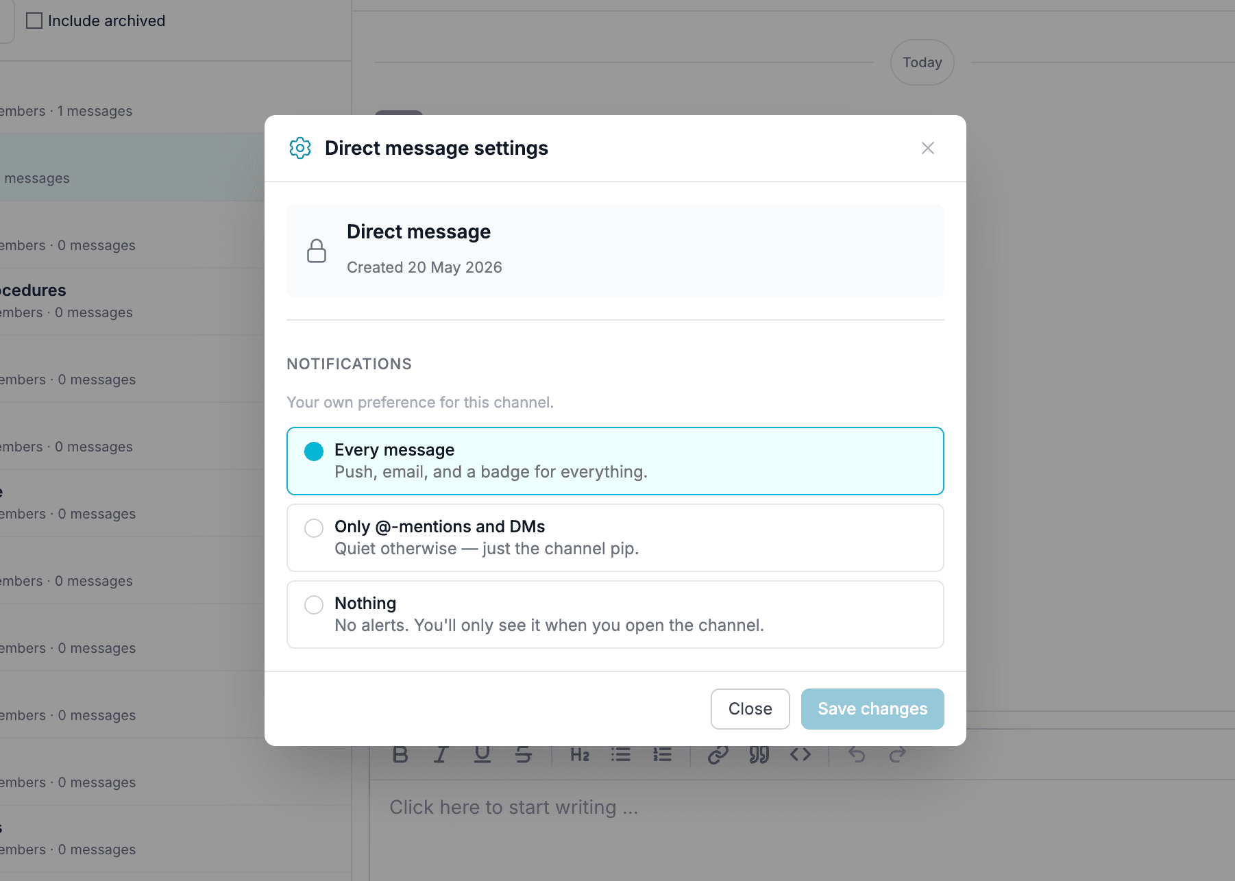 Composer with rich-text formatting, an @-mention, and an attached PDF