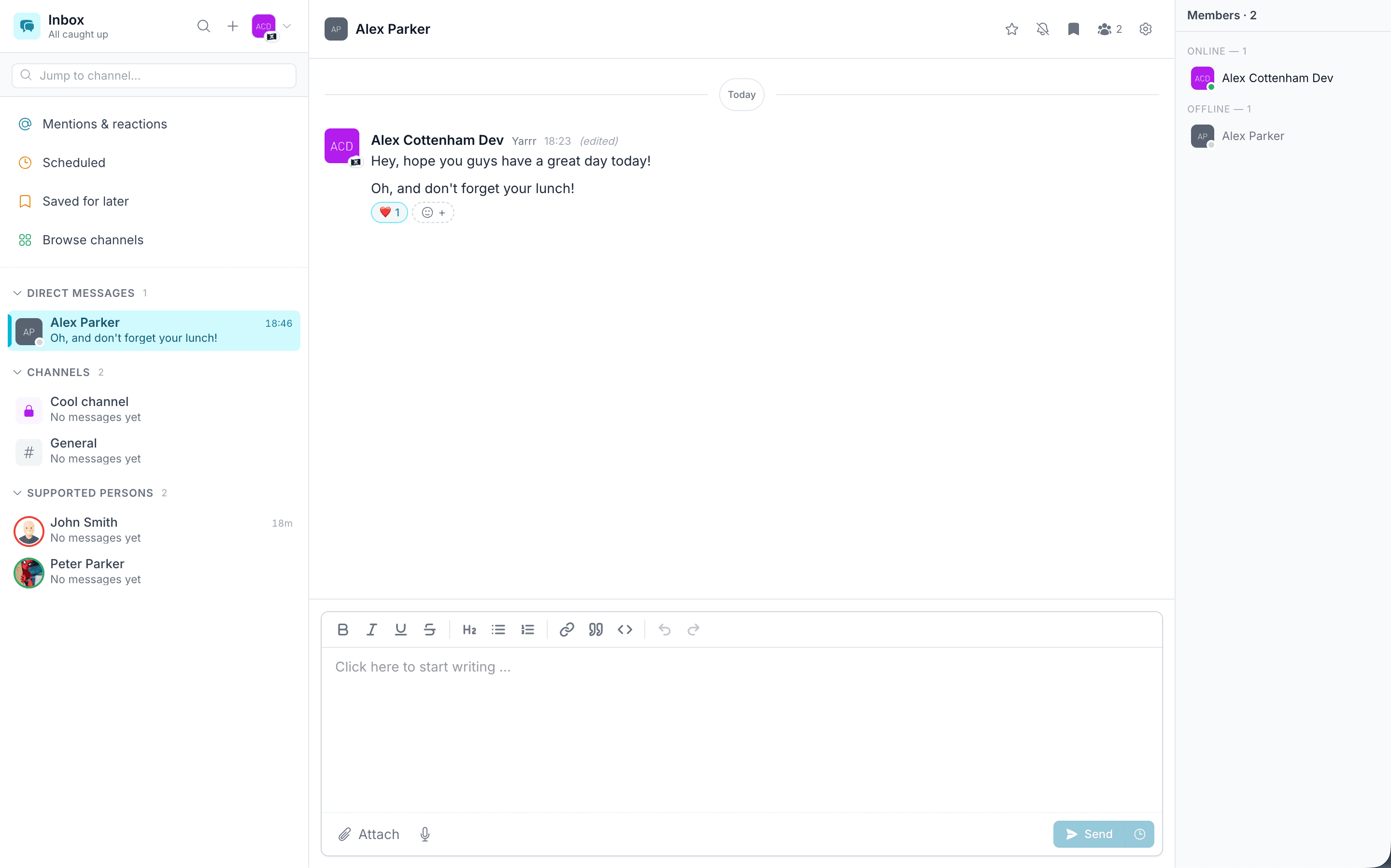 Carerealm Inbox showing the channel sidebar, an open channel and the members panel