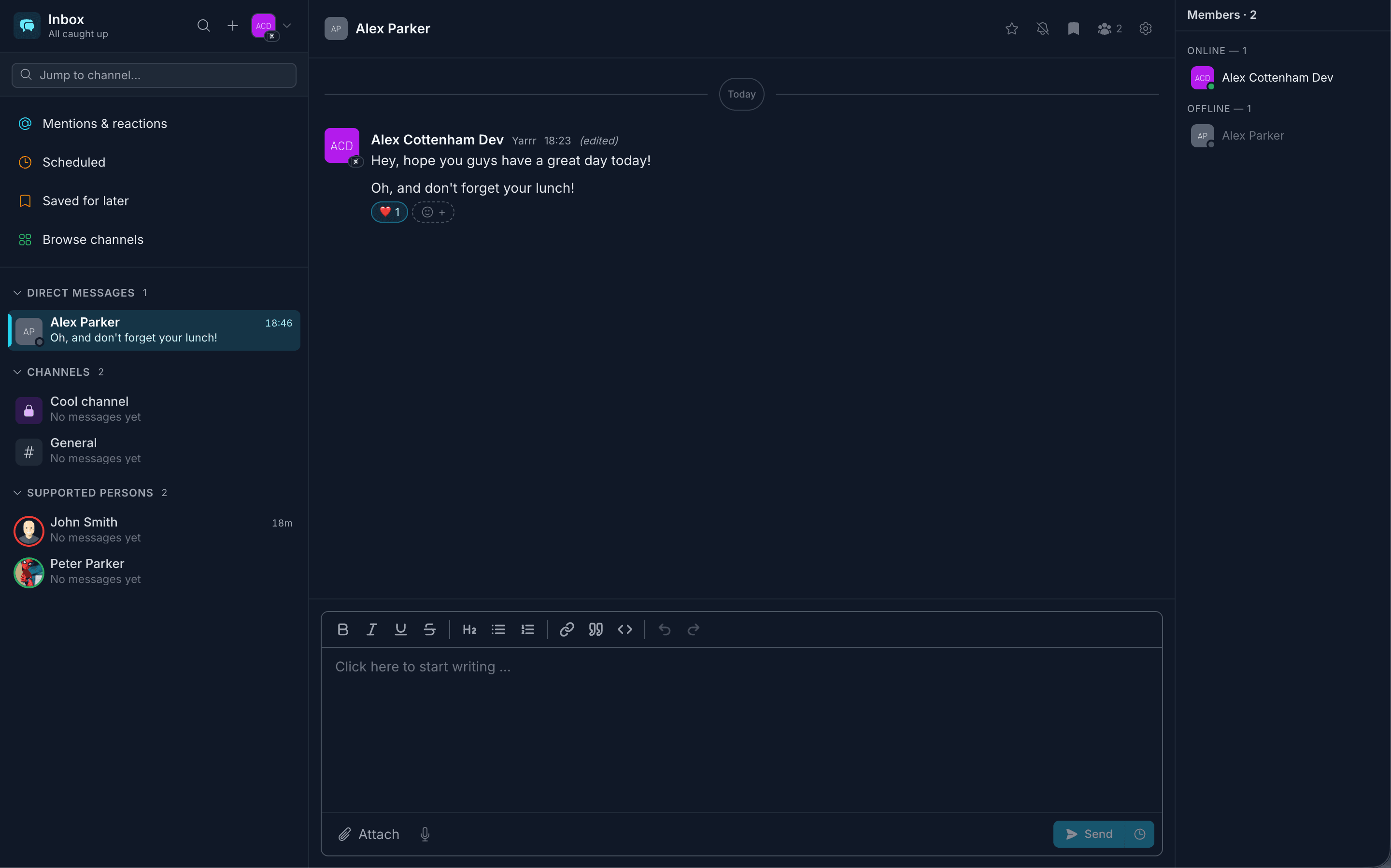 Carerealm Inbox showing the channel sidebar, an open channel and the members panel