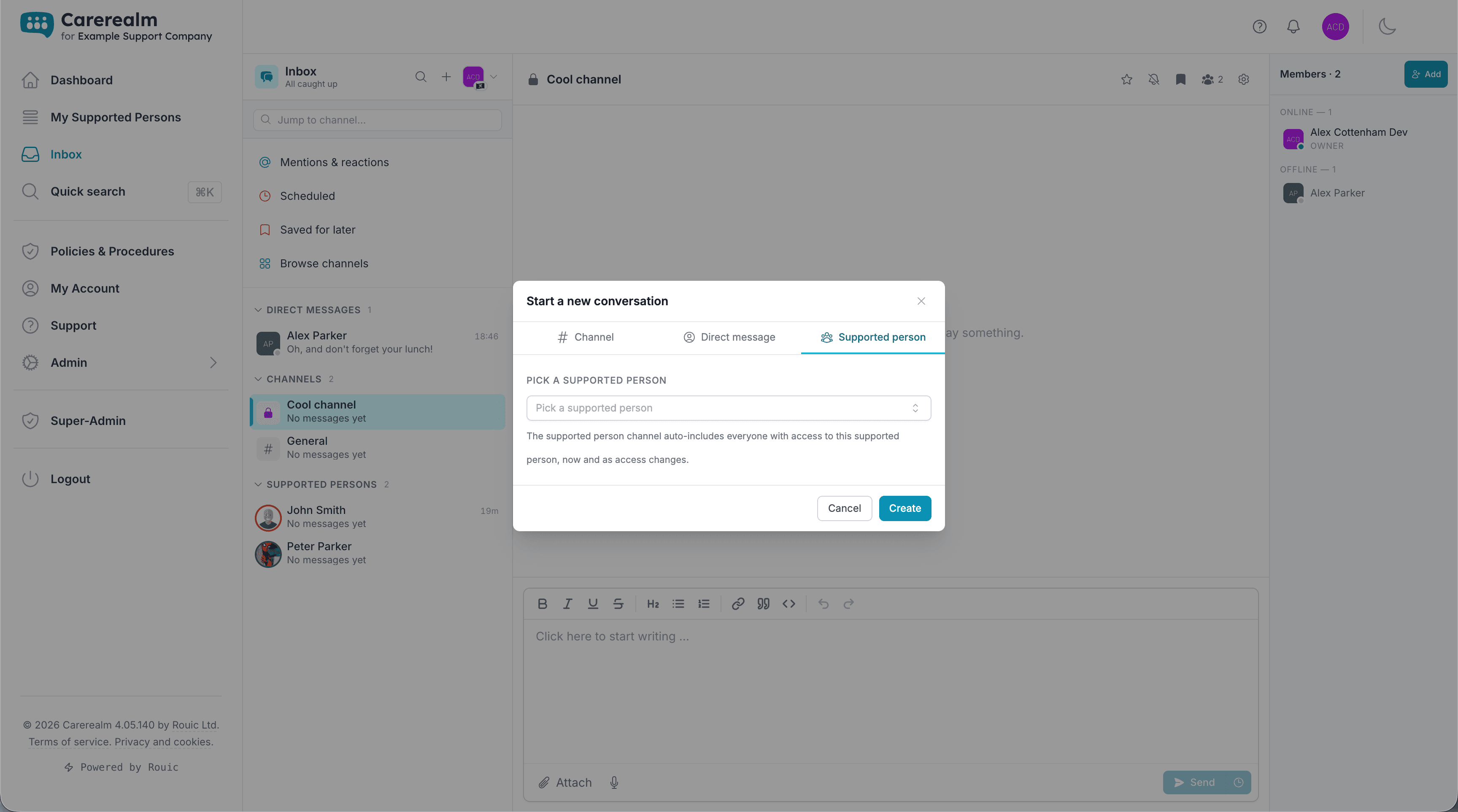 Carerealm Inbox showing the channel sidebar, a channel view and the members panel