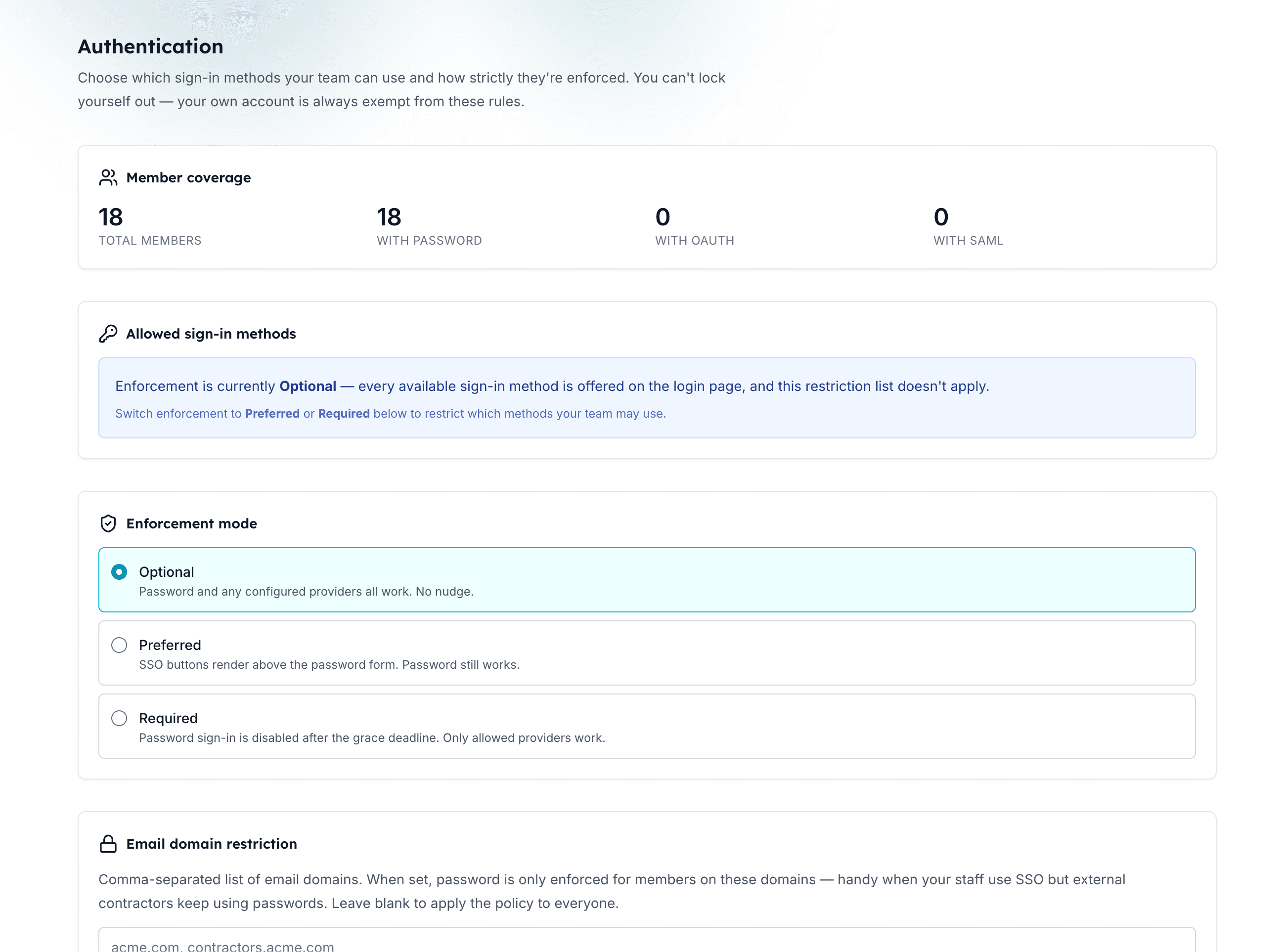 Authentication settings showing SSO providers