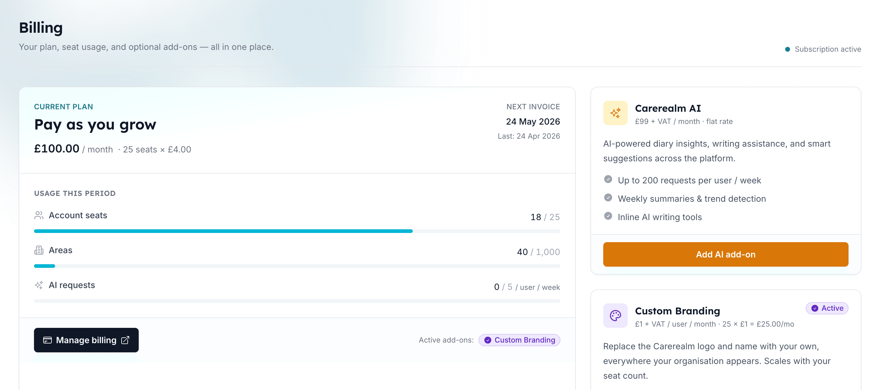 Billing portal showing seats, plan and invoice history