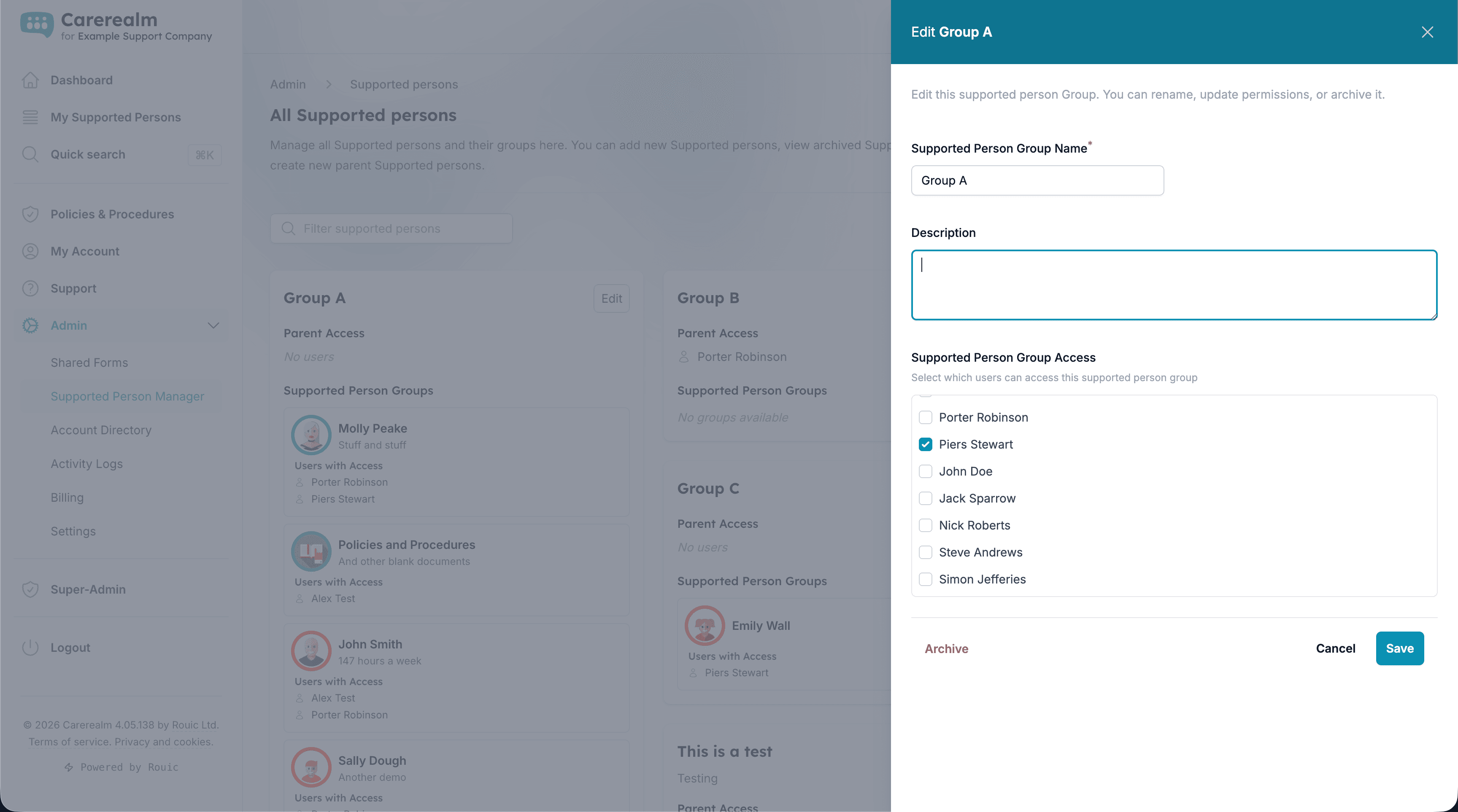 Carerealm admin dashboard showing organisation members and access