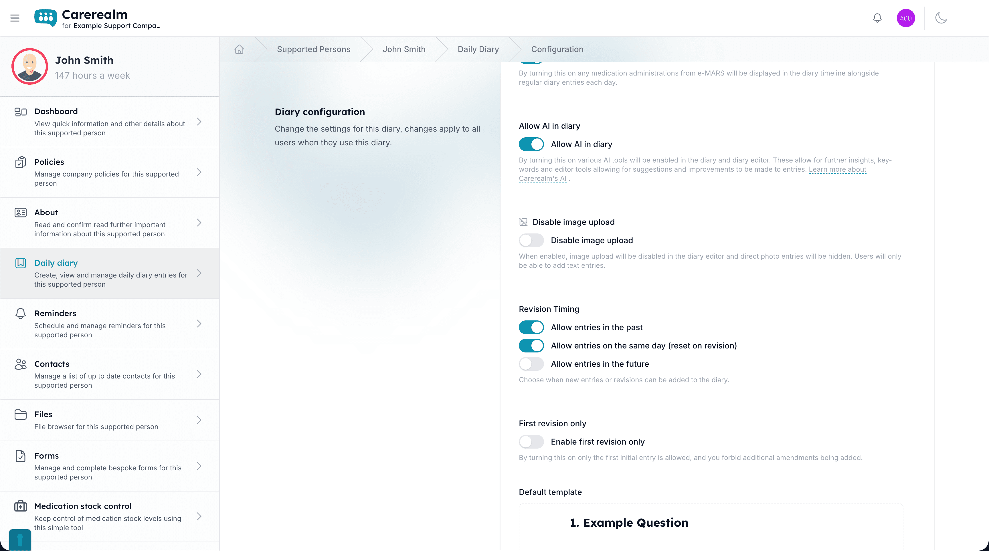 Carerealm Daily Diary editor