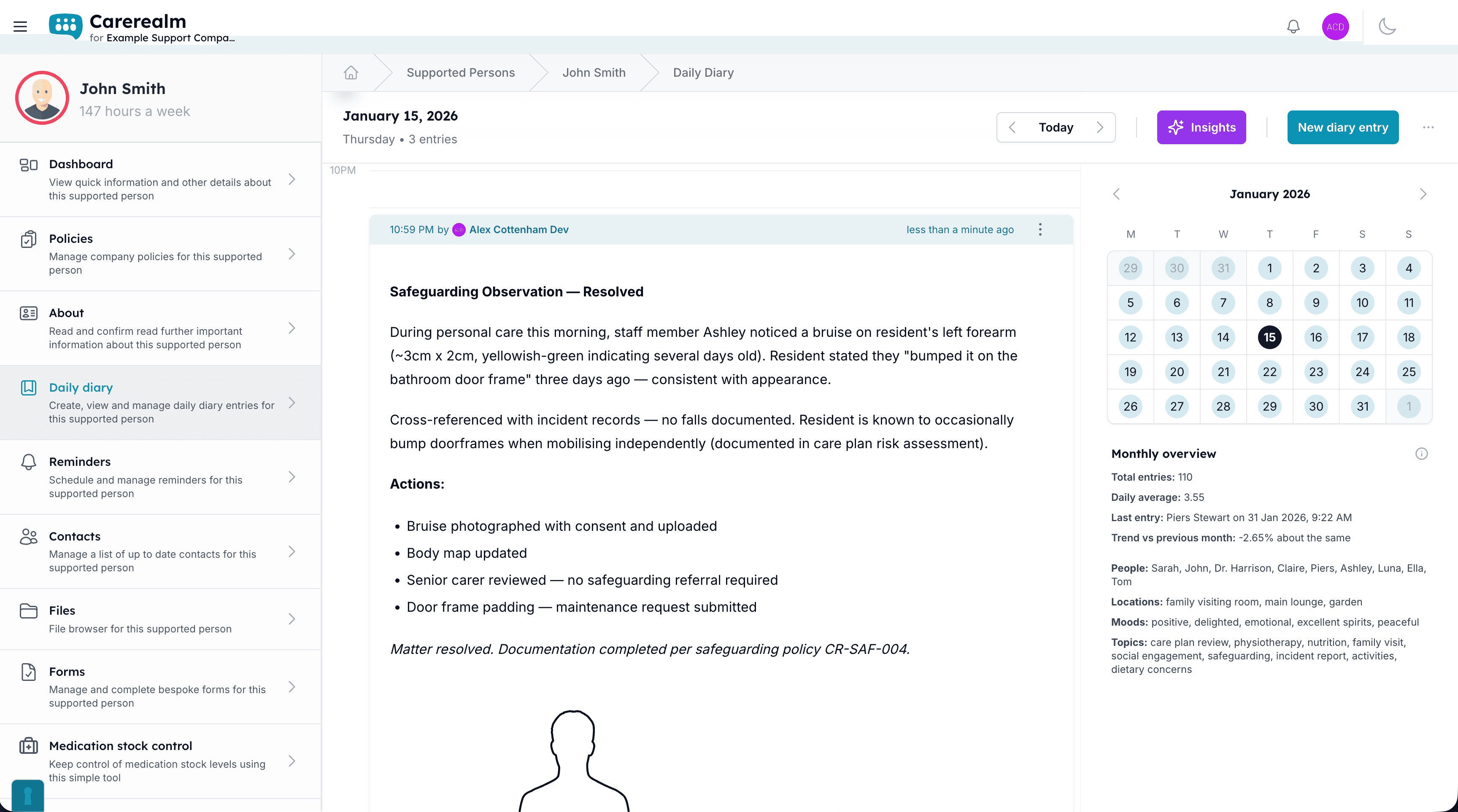 Daily diary editor showing rich text, an image, a table and a body map in one entry