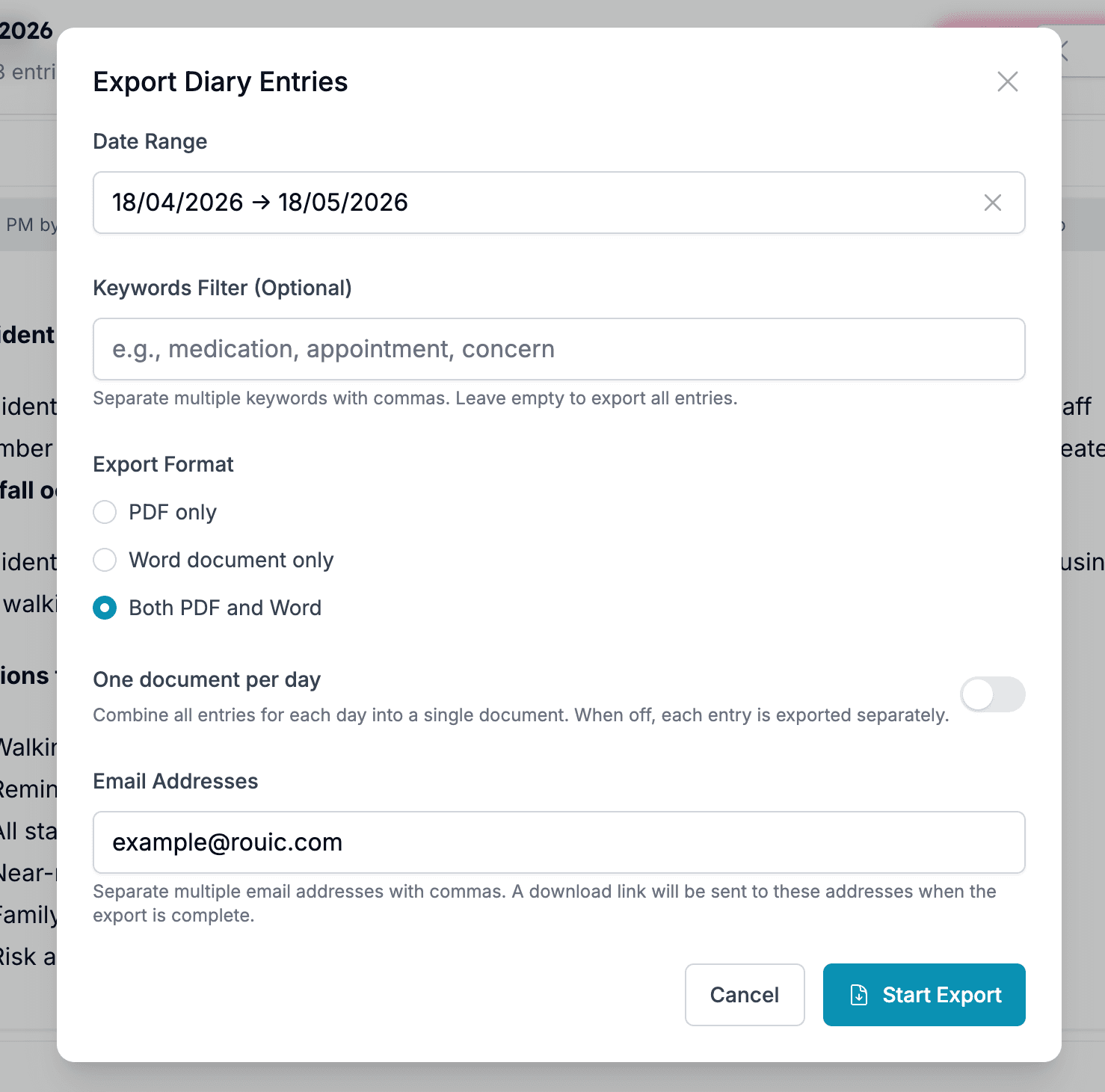 Diary export dialog with date-range picker