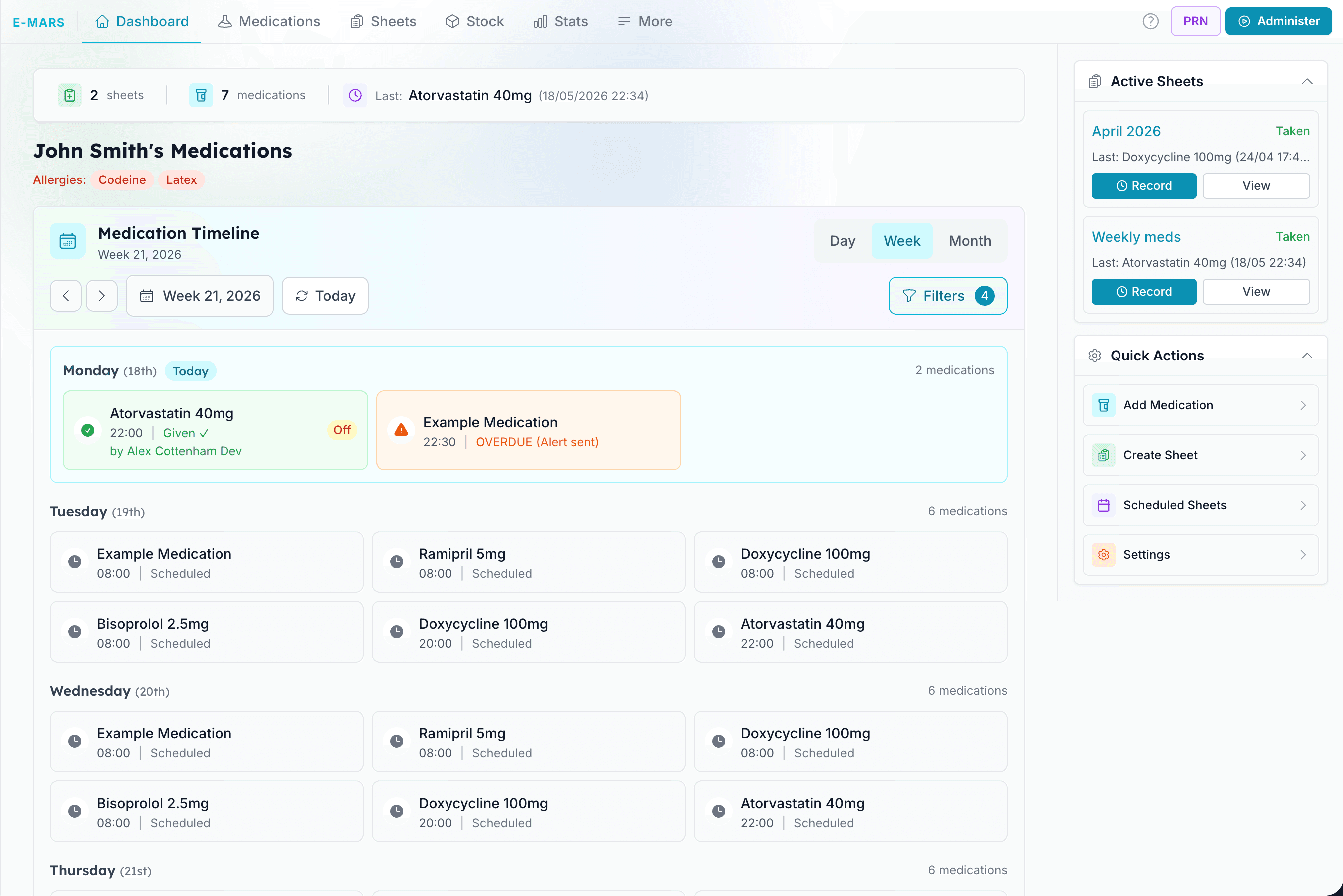 Carerealm eMAR schedule view showing medication rounds