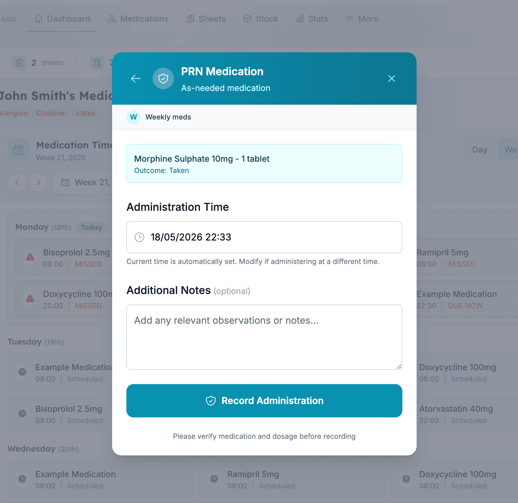 eMAR home screen showing active medications and alerts