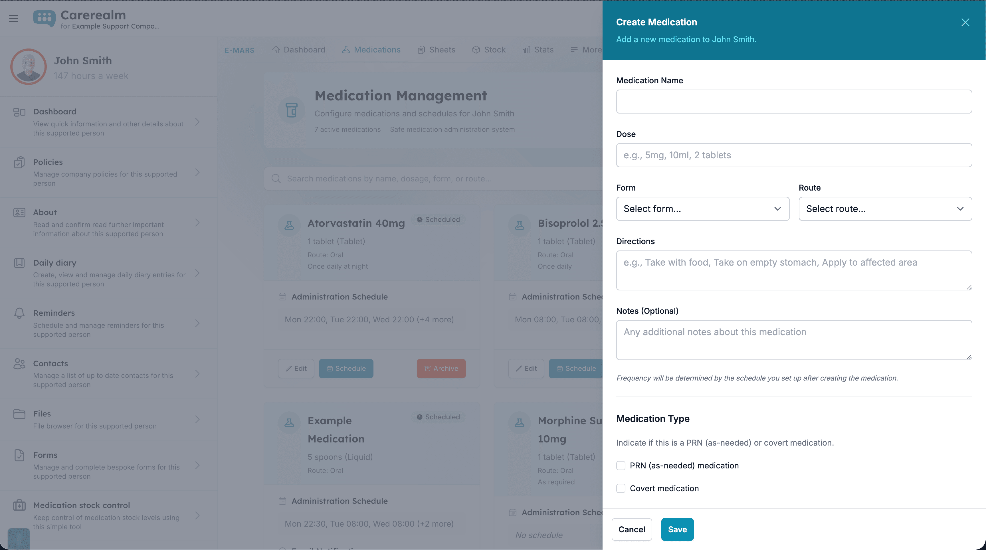 Carerealm eMAR schedule view showing today's medication rounds