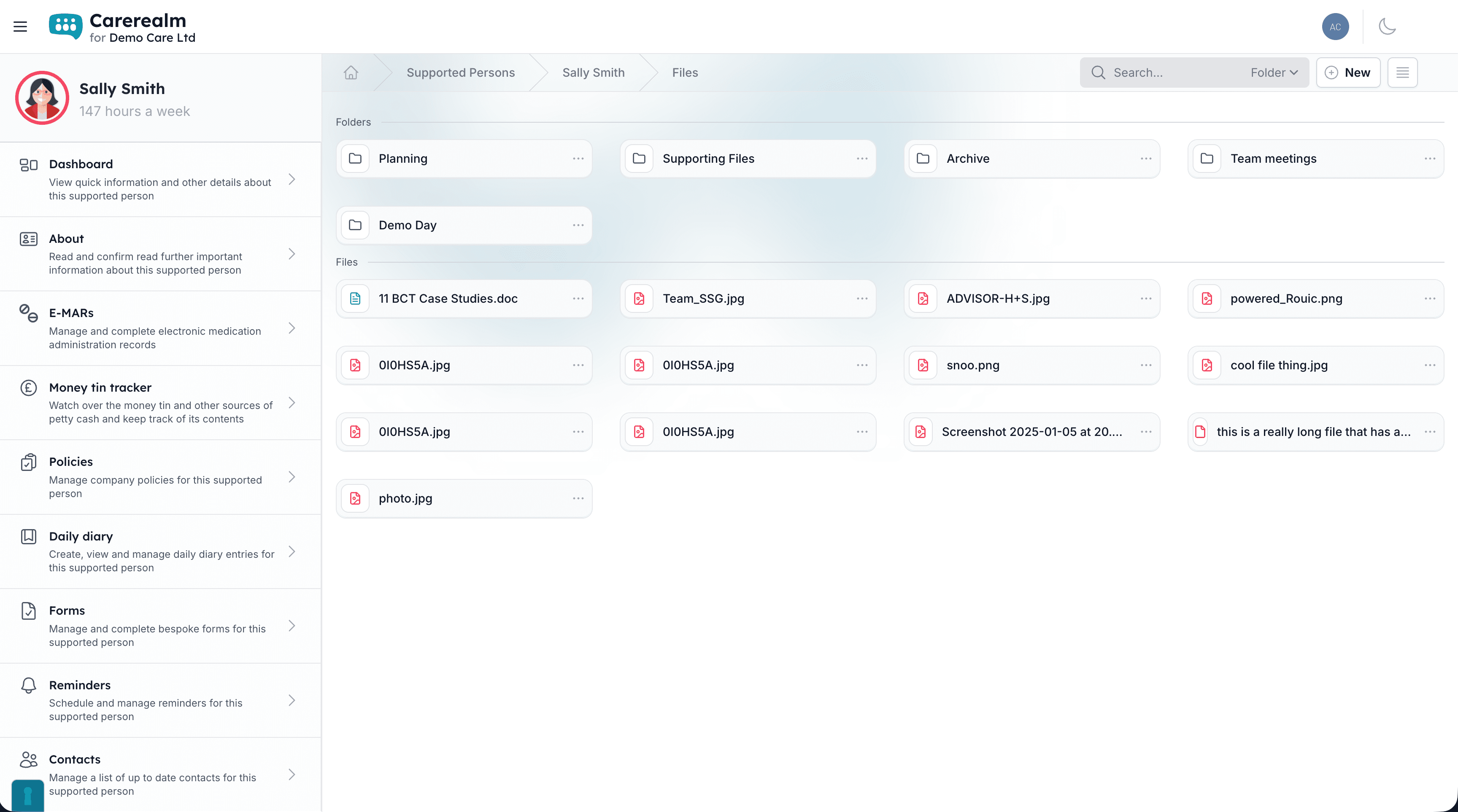Carerealm Files view showing folders and uploaded documents for an area