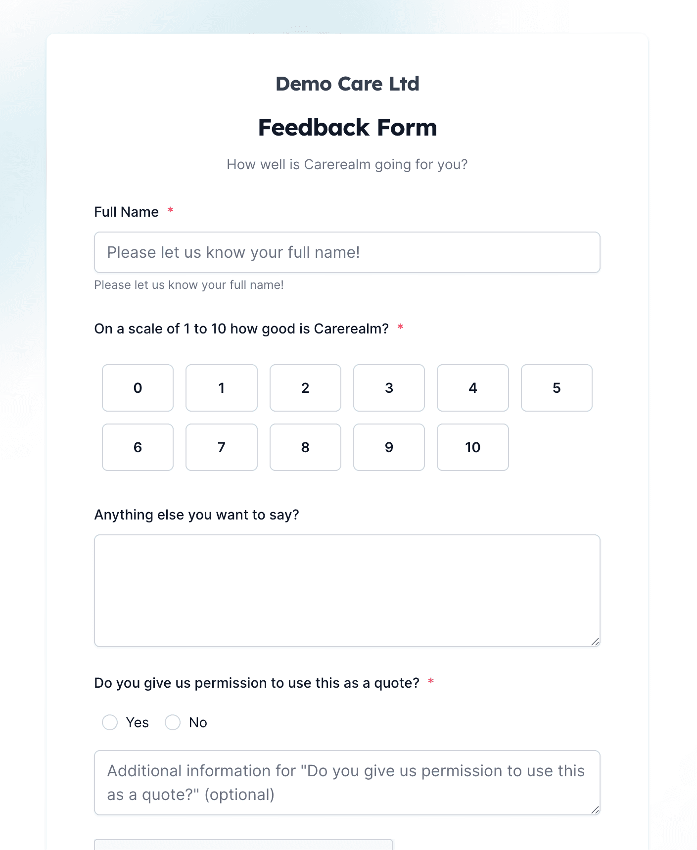 Filled-in form showing a completed entry