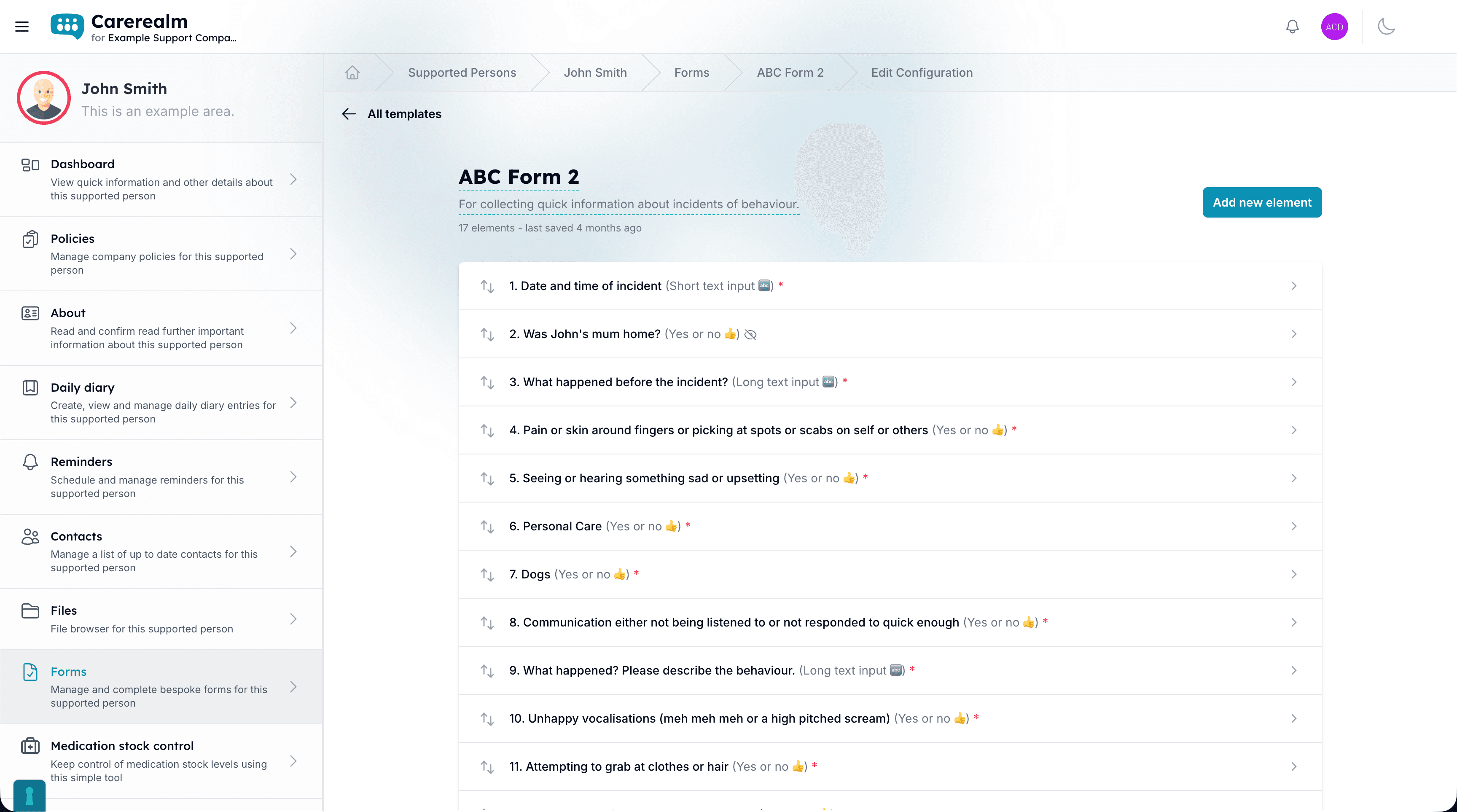Carerealm form builder configuration screen