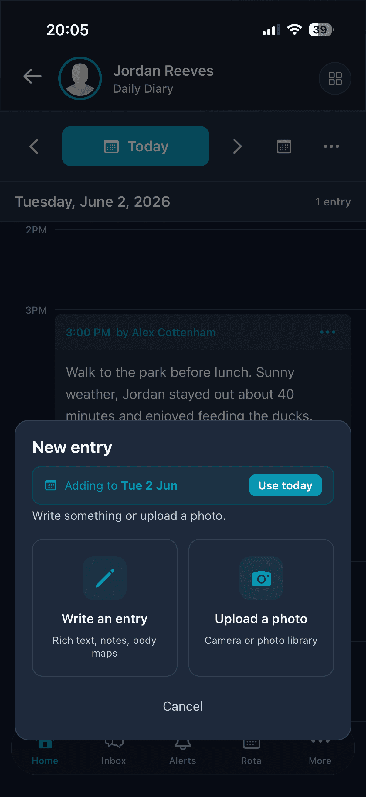 Carerealm daily-diary on iPhone