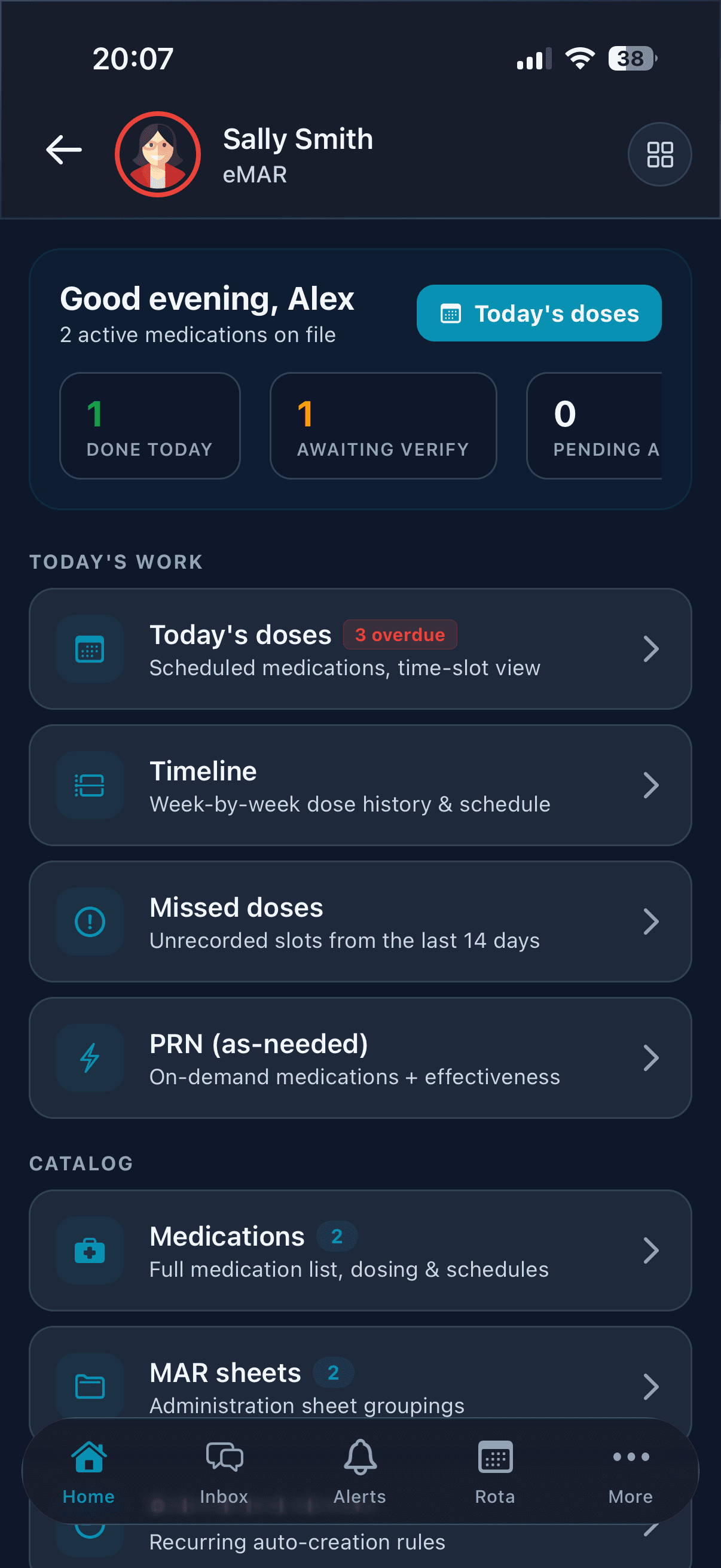 Carerealm eMAR on iPhone, dark mode