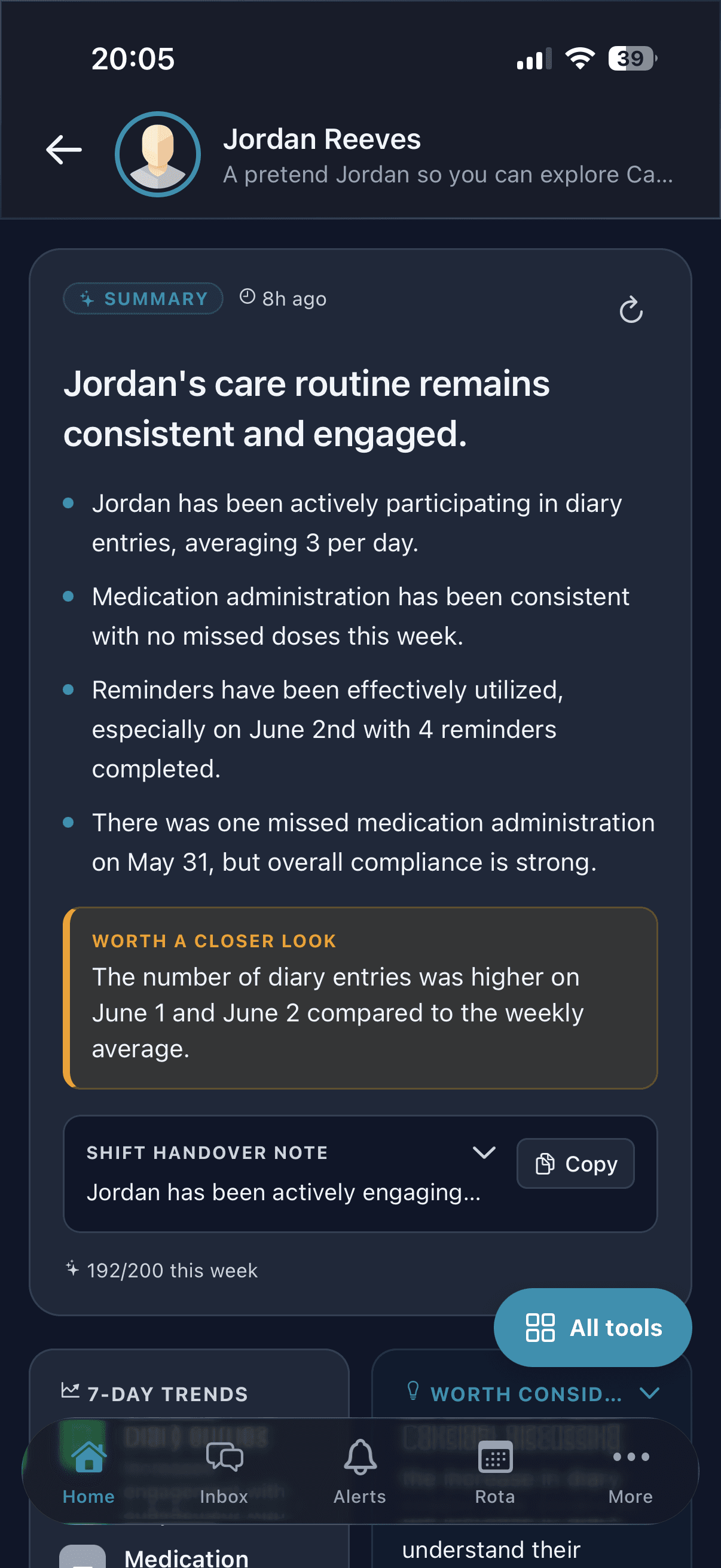Carerealm AI on iPhone showing the Pulse daily summary on the home screen in dark mode
