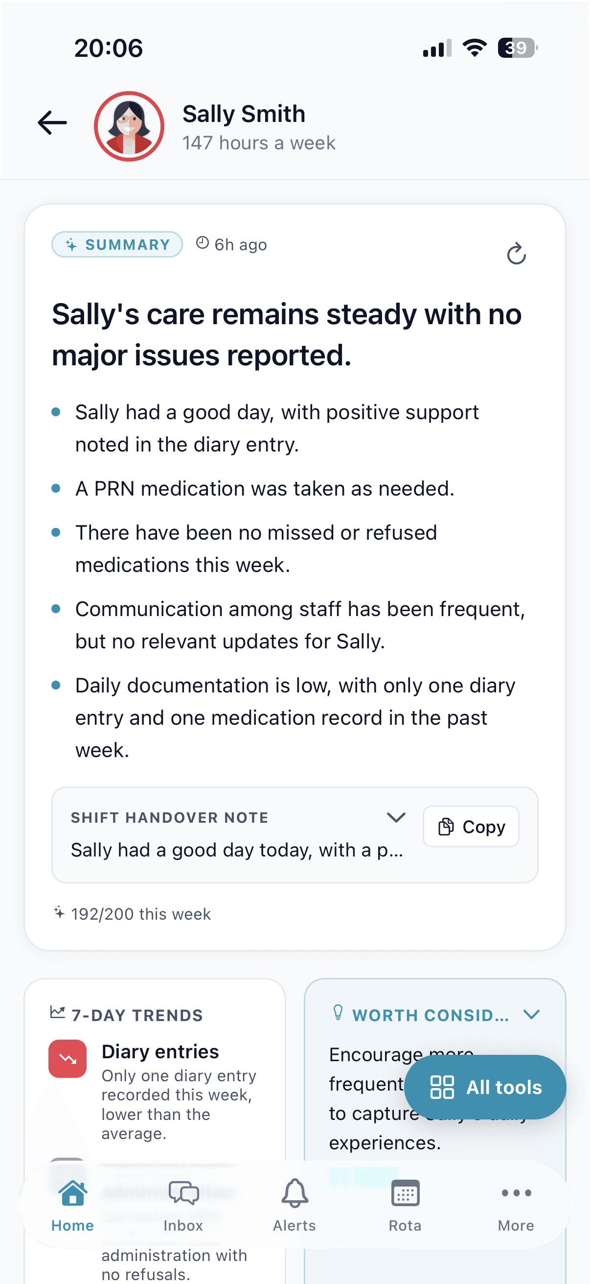 Carerealm AI on iPhone showing the Pulse daily summary on the home screen