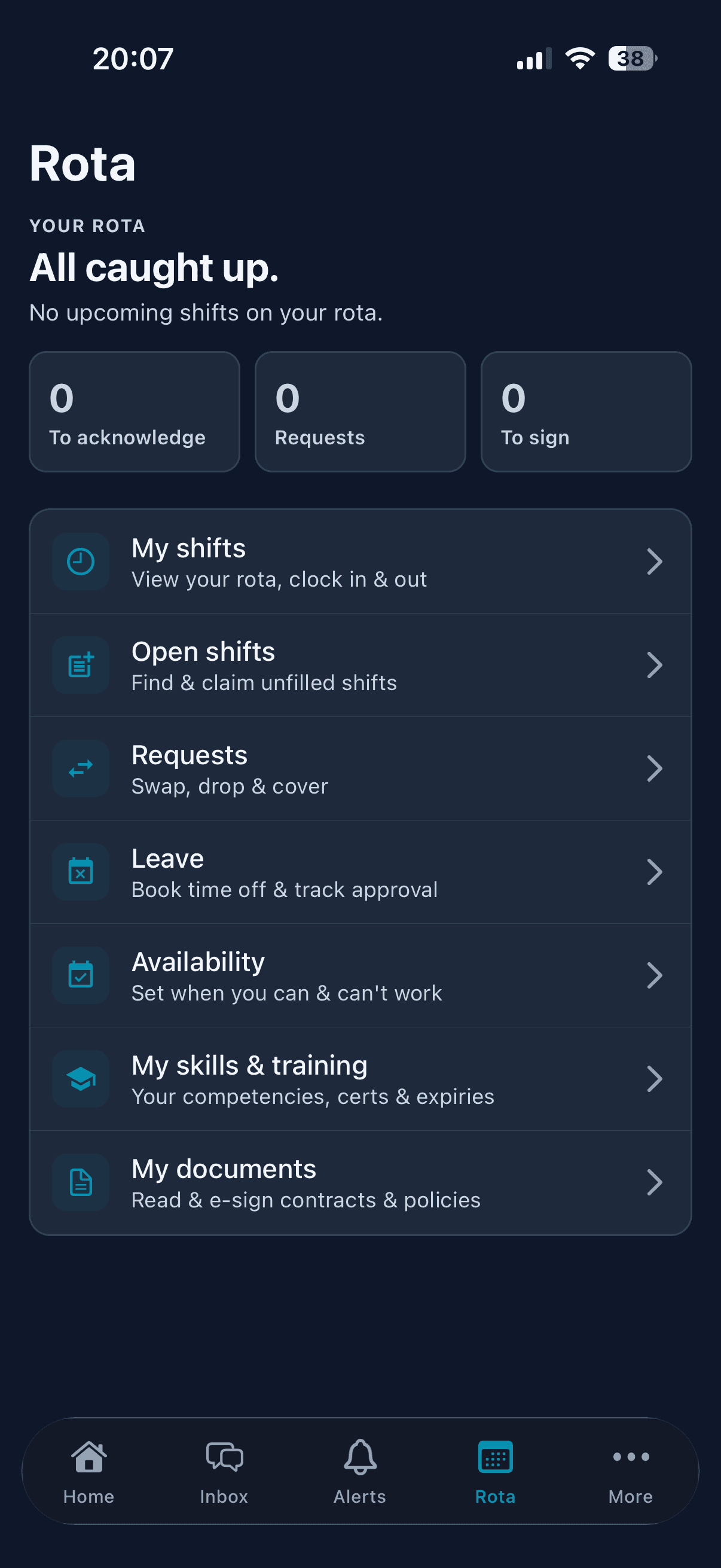Carerealm staff-rota on iPhone, dark mode