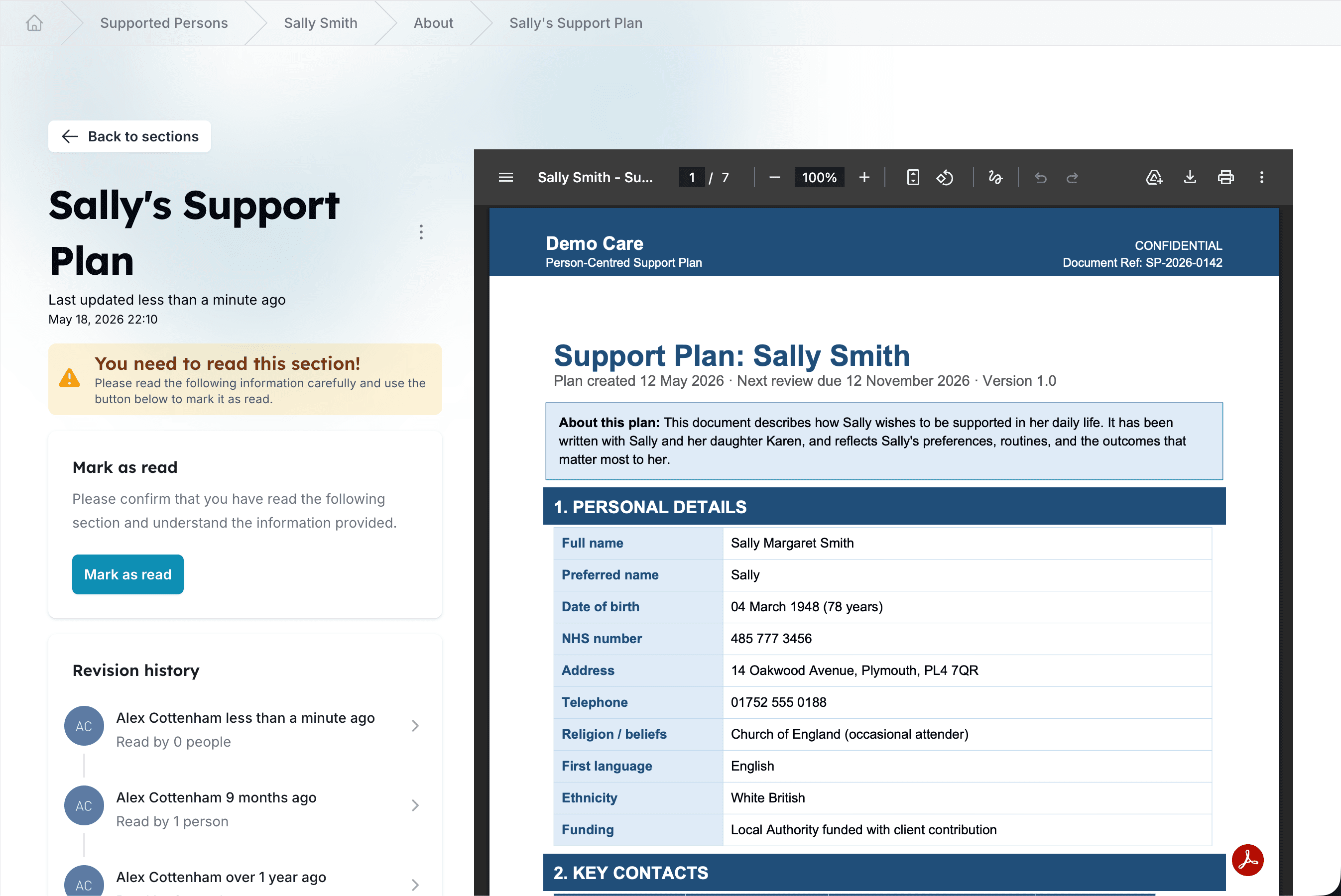 Carerealm About Me section for a supported individual