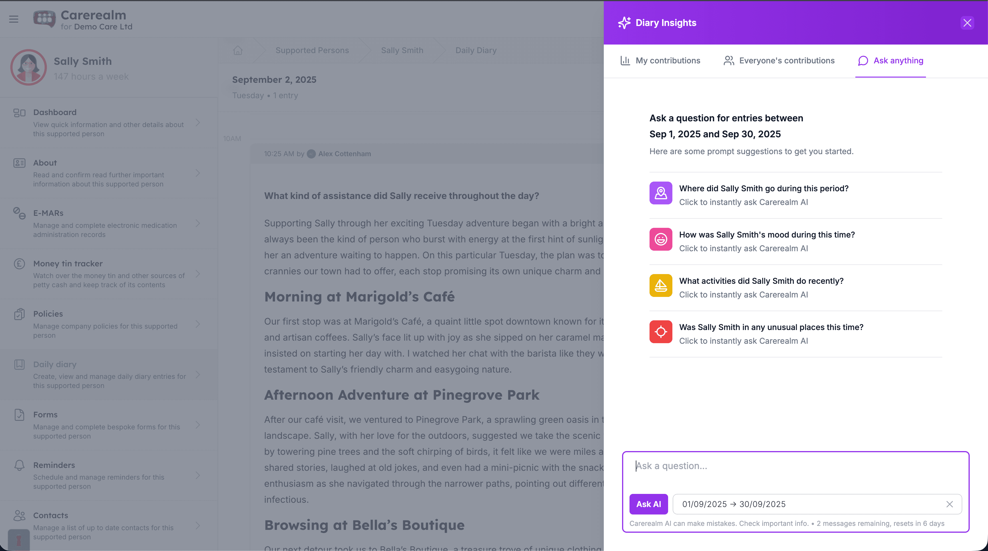 Carerealm Diary Insights screen showing AI-assisted summary of recent entries