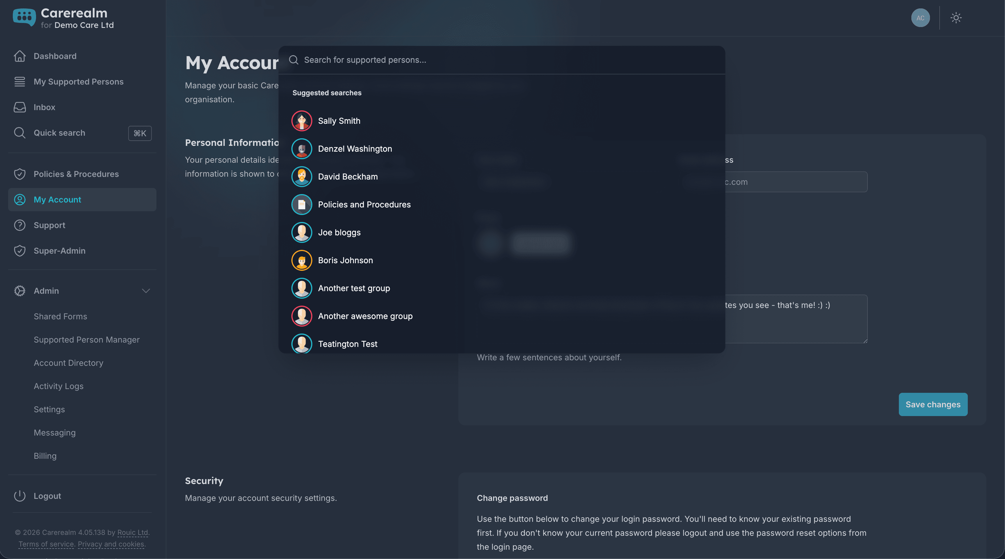 Carerealm in dark mode and light mode side by side