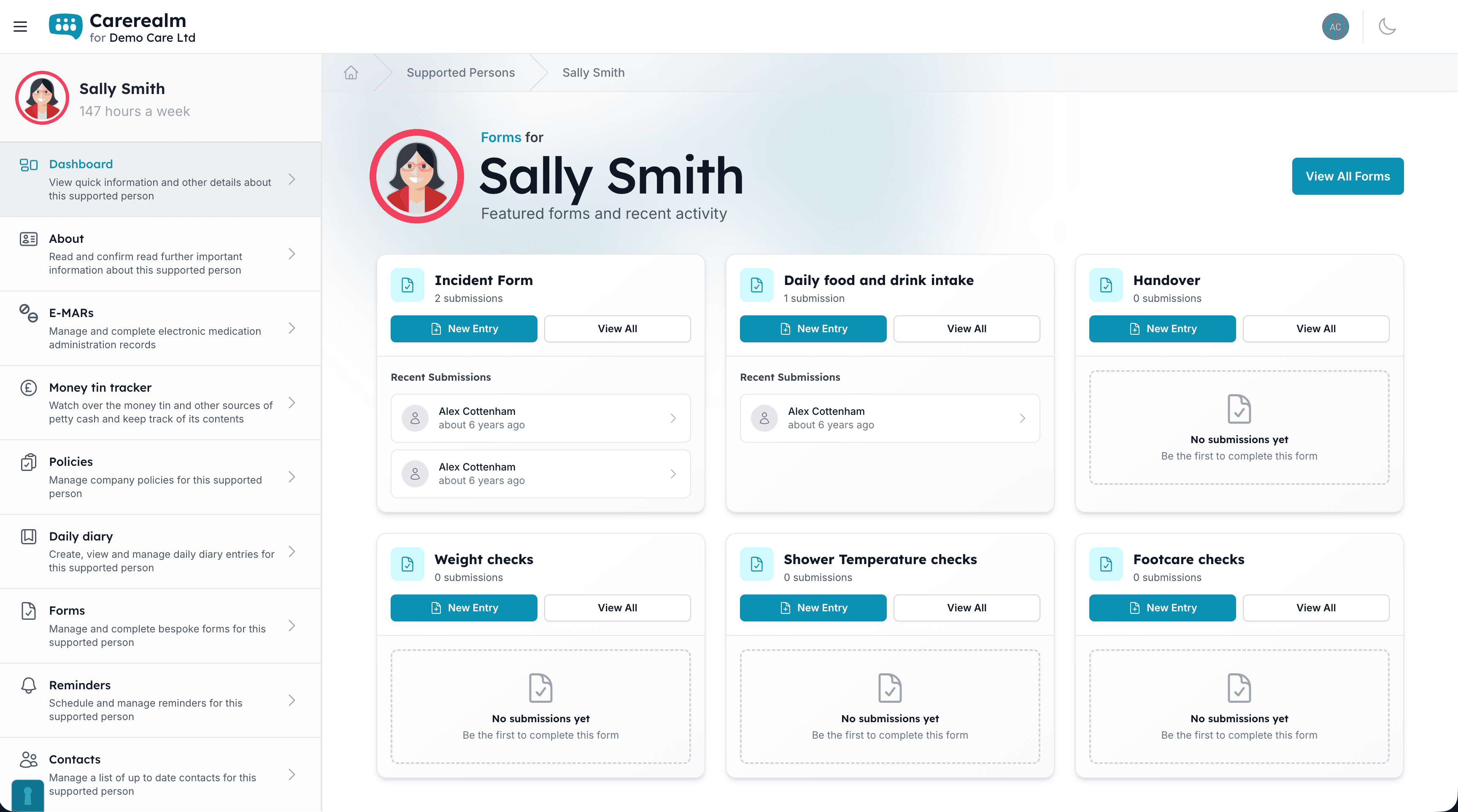 Carerealm area dashboard with quick-access tiles for the rest of the platform
