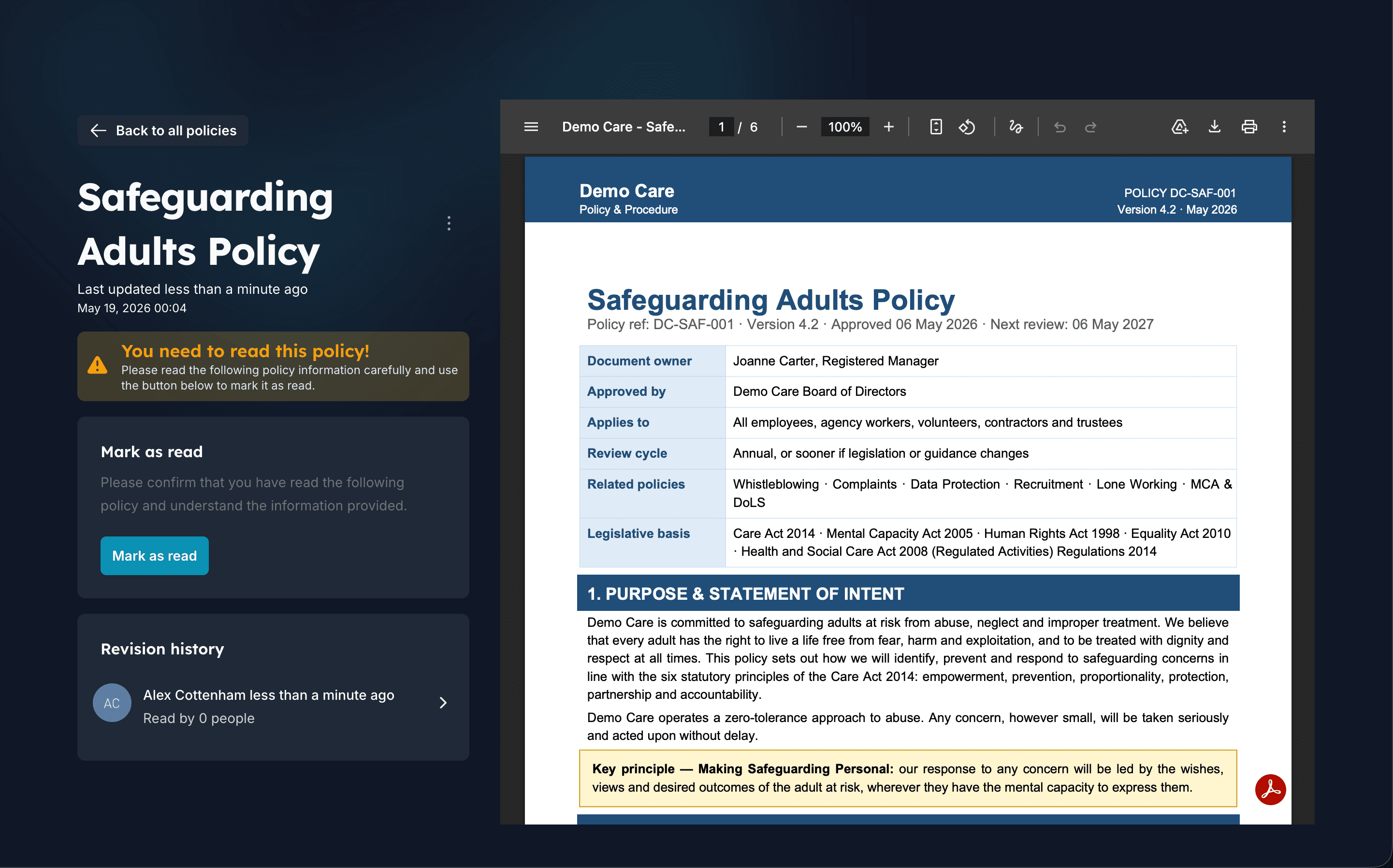 Carerealm policies library showing folders and recent policy updates
