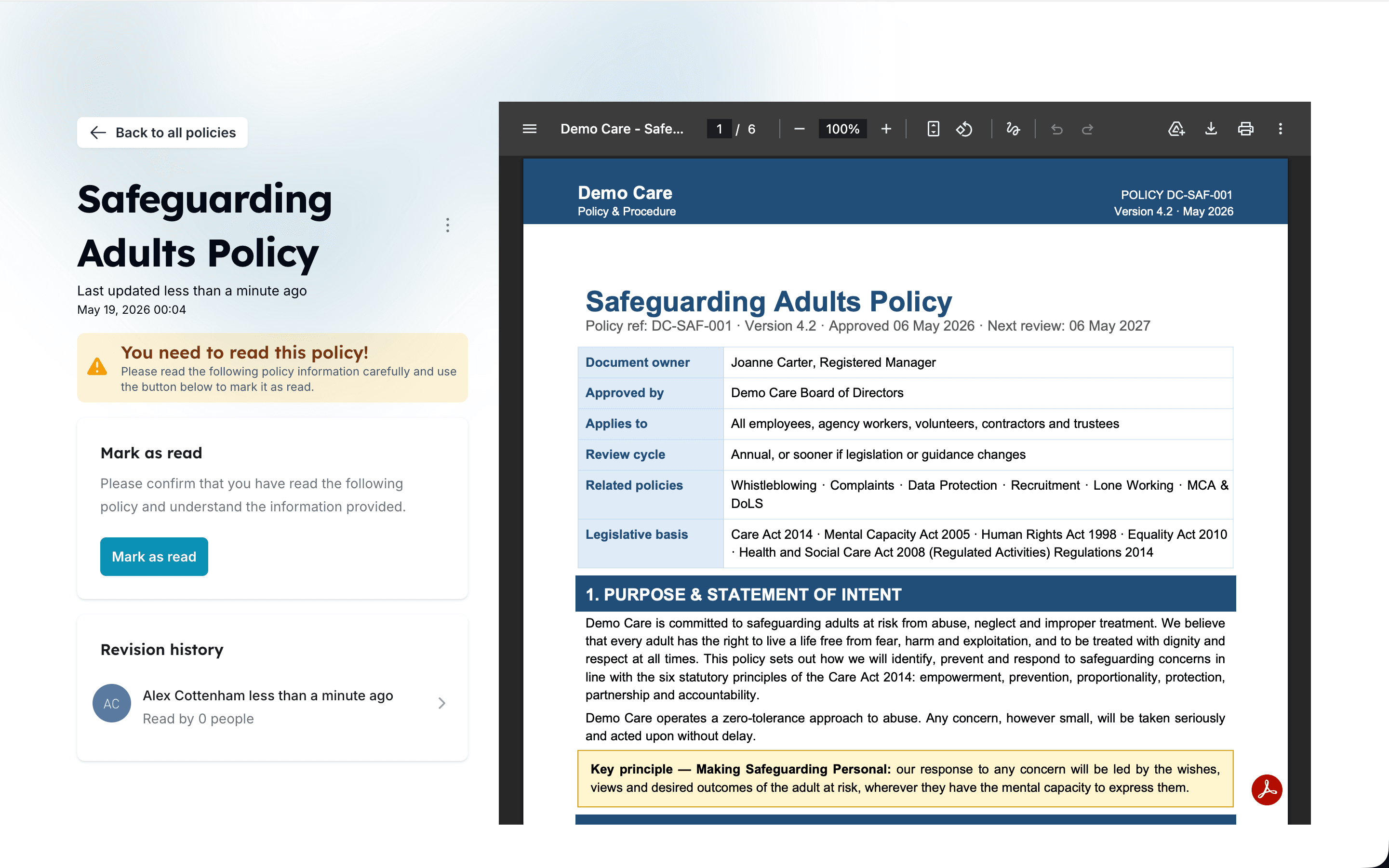 Carerealm policies library showing folders and recent policy updates