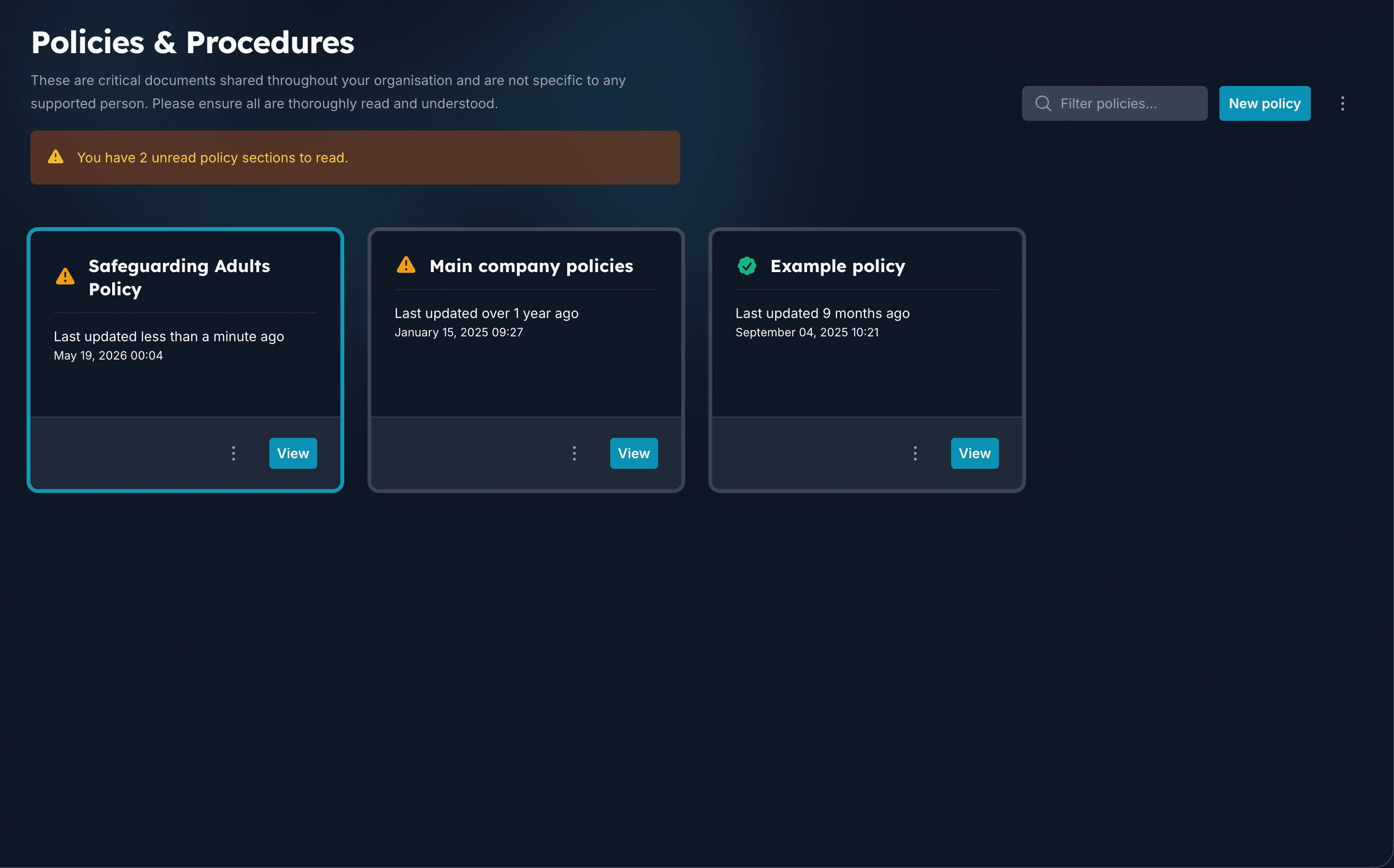 Policies library showing folders and recent policy updates