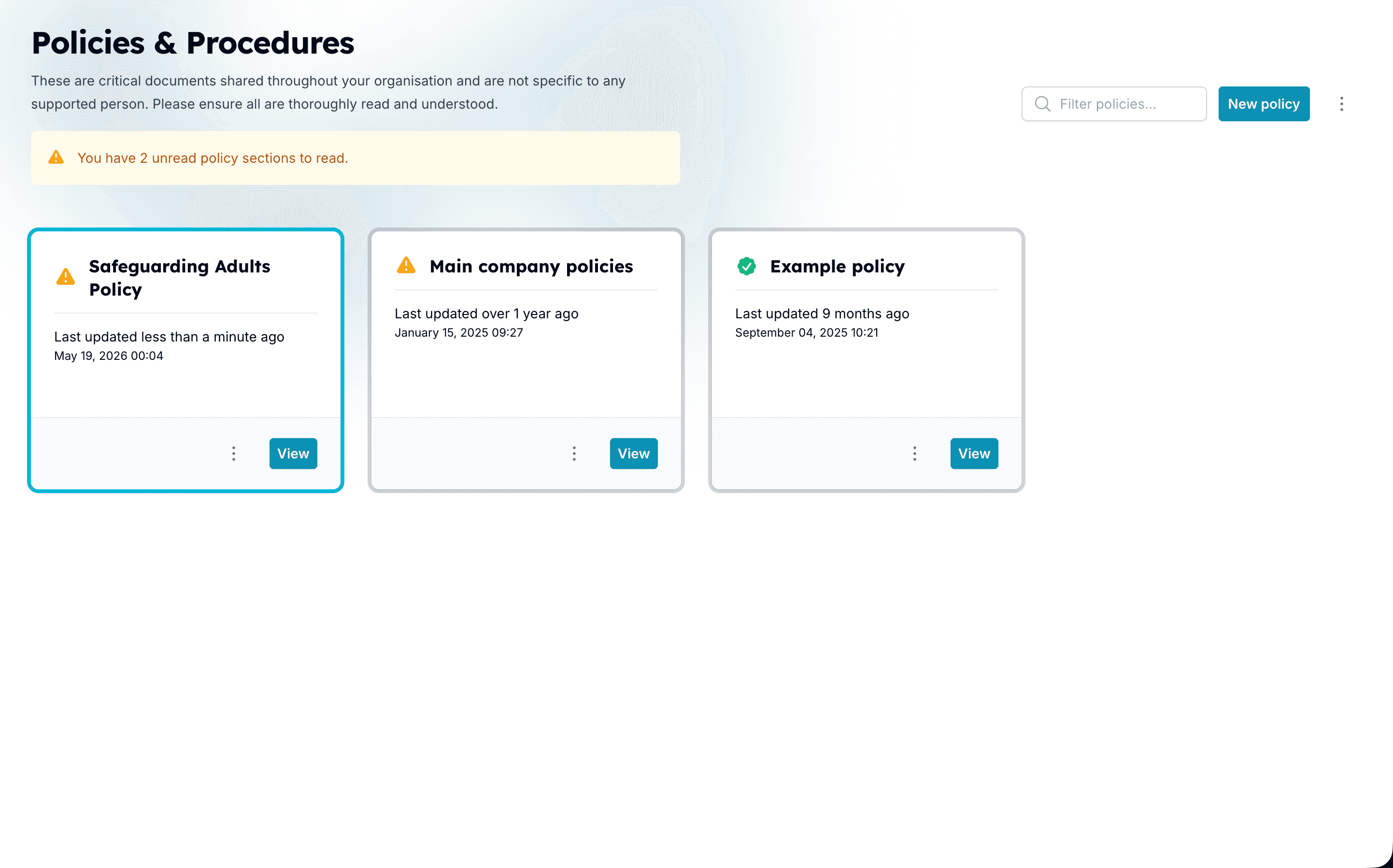 Policies library showing folders and recent policy updates