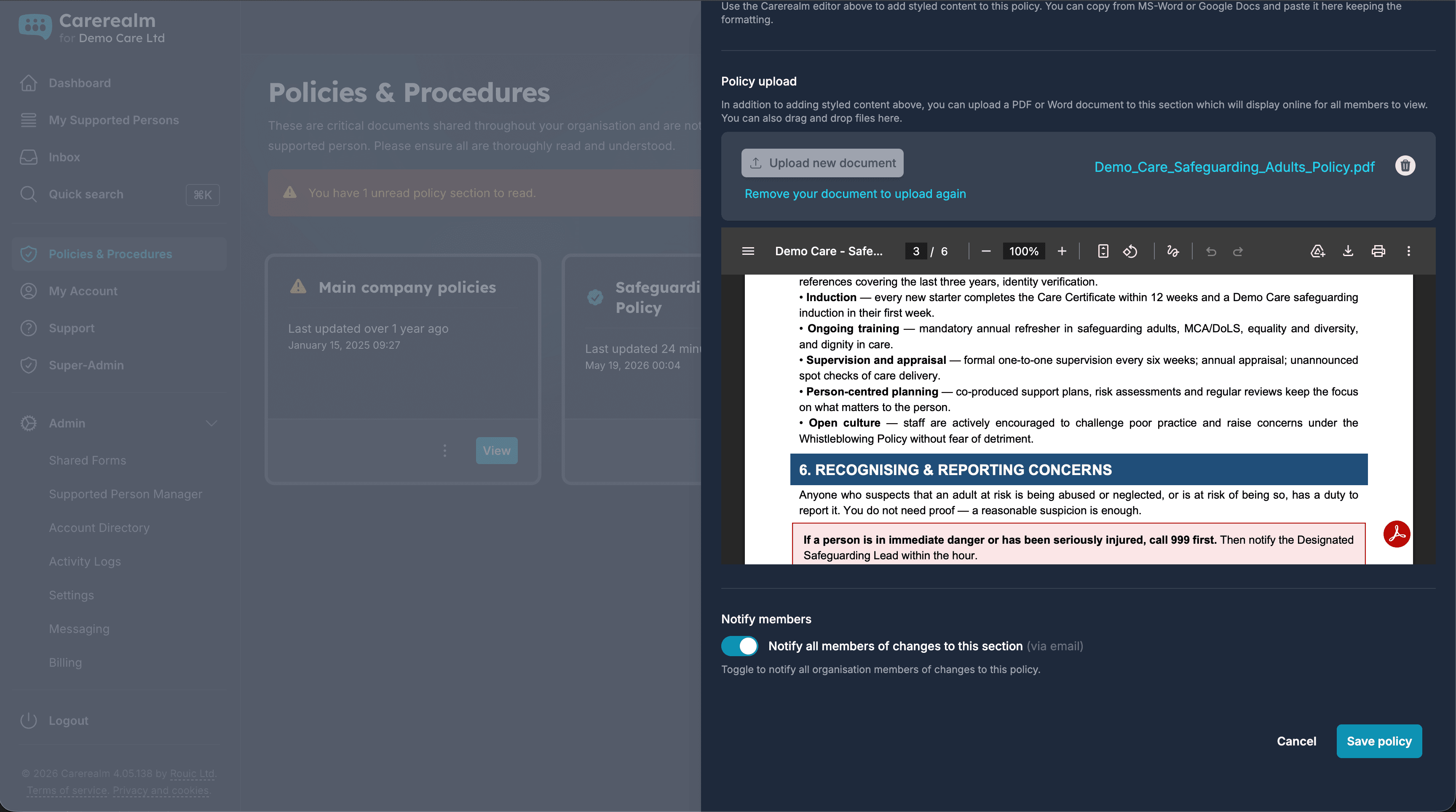 Policy publish dialog with notification recipients and a change note