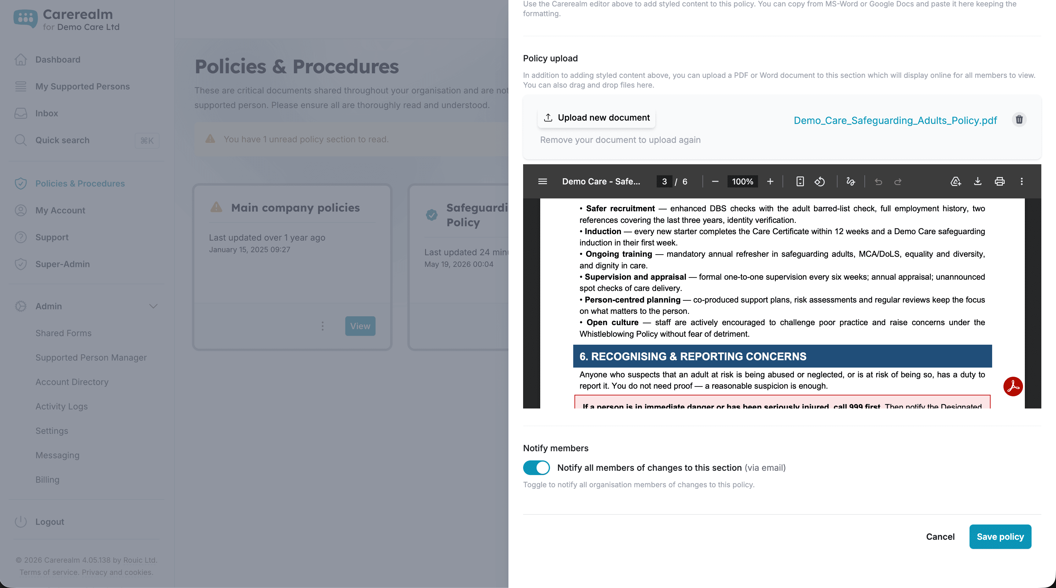 Policy publish dialog with notification recipients and a change note